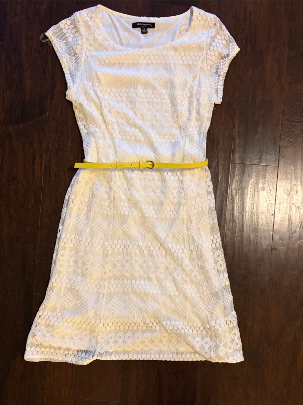 Sharagano White Lace Sheath Dress with Yellow Belt